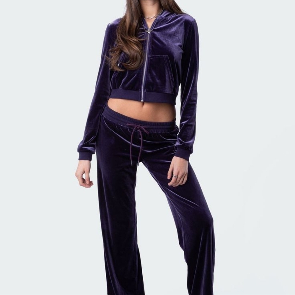 Edikted Velour Purple 2 Piece Set Cropped Hoodie Low Rise Pants Size Small